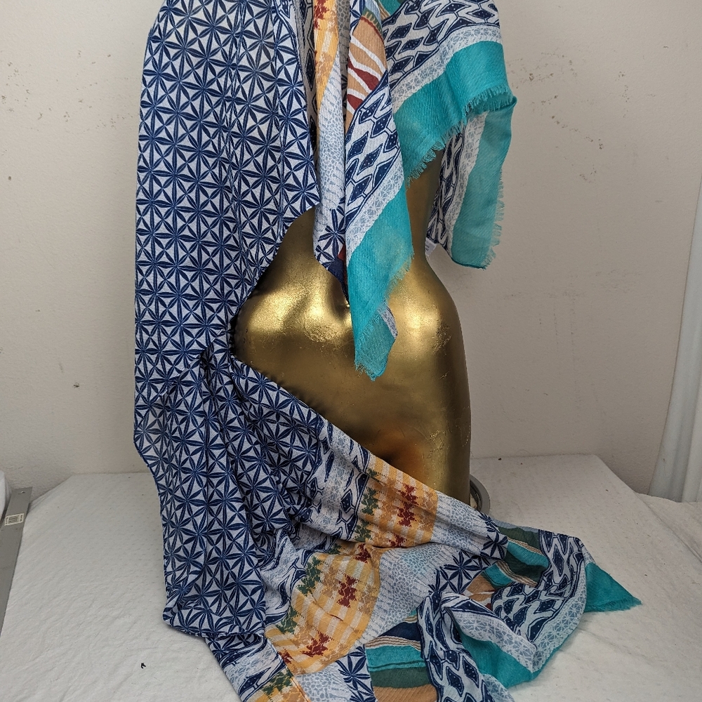 Lulla Bohemian Patterned Scarf Blue White And Gold